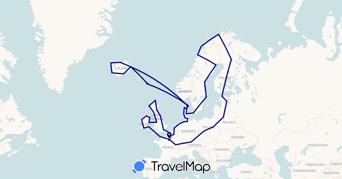 TravelMap itinerary: driving in Belgium, Germany, Denmark, Estonia, Finland, Faroe Islands, France, United Kingdom, Ireland, Iceland, Lithuania, Netherlands, Norway, Poland, Sweden (Europe)